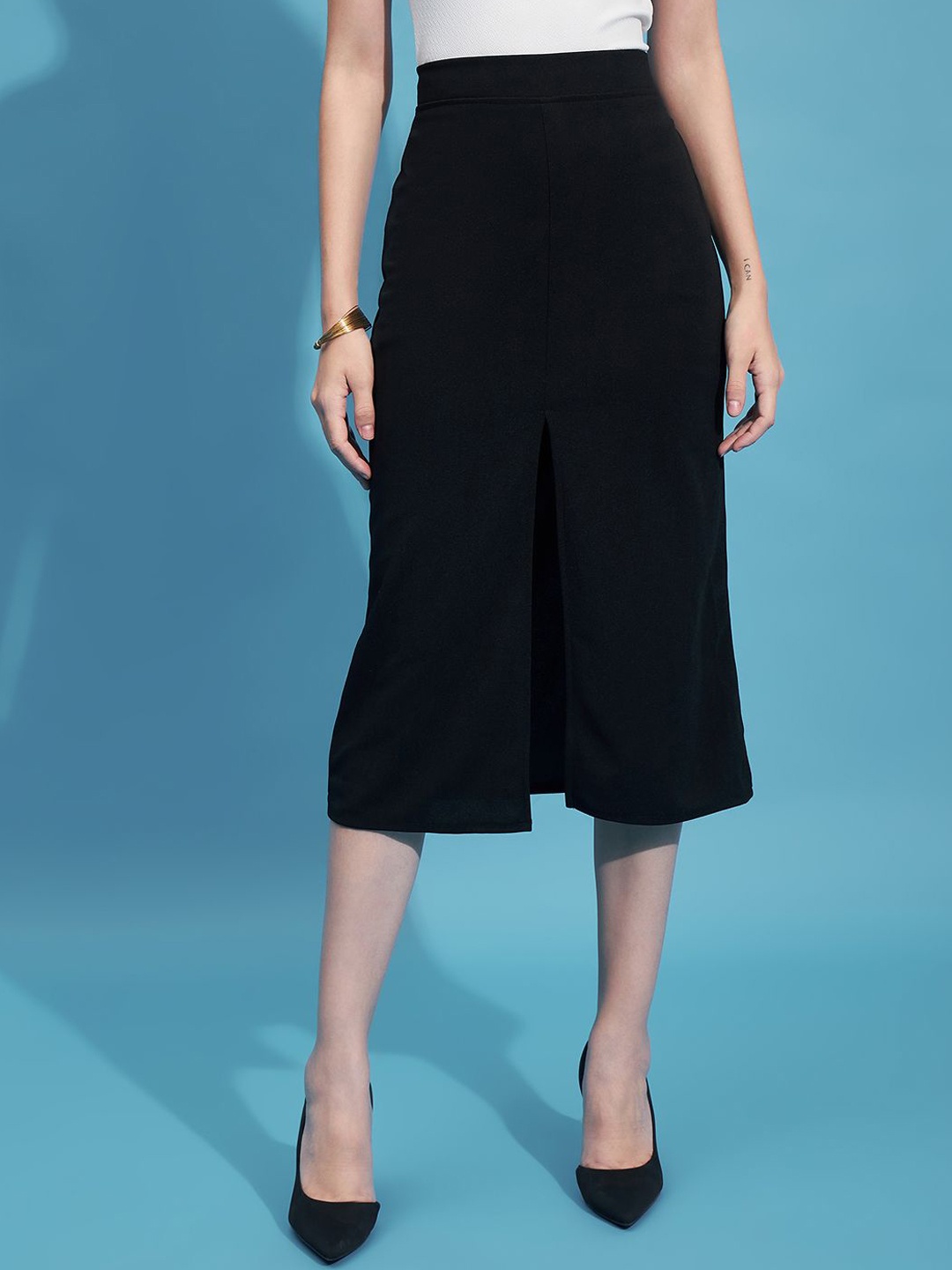 

DIMPY GARMENTS Pencil Midi Slit Skirts, Black