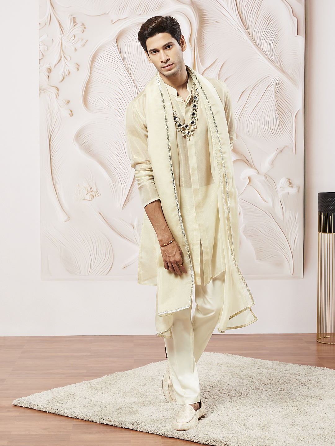 

VASTRAMAY Men Regular Kurta with Trousers & With Dupatta, Beige