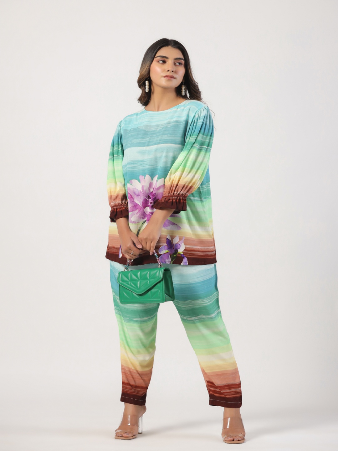

STIL O STITCH Printed Round Neck Tunic & Trousers, Sea green
