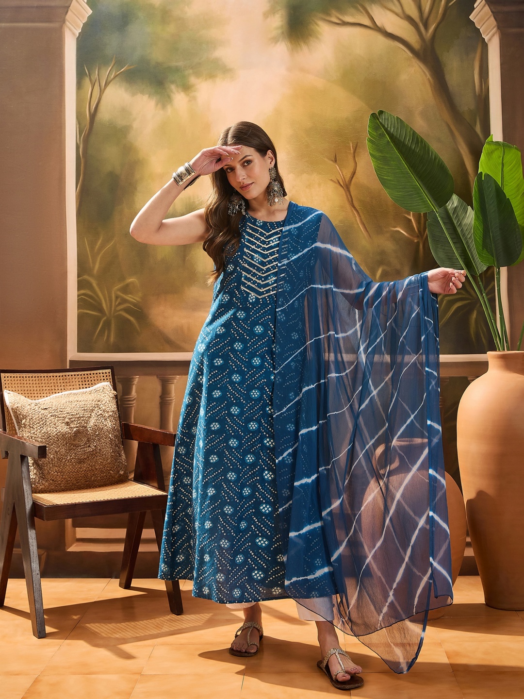 

Sangria Women's Bandhej Printed Cotton Flared Kurta with Dupatta, Navy blue