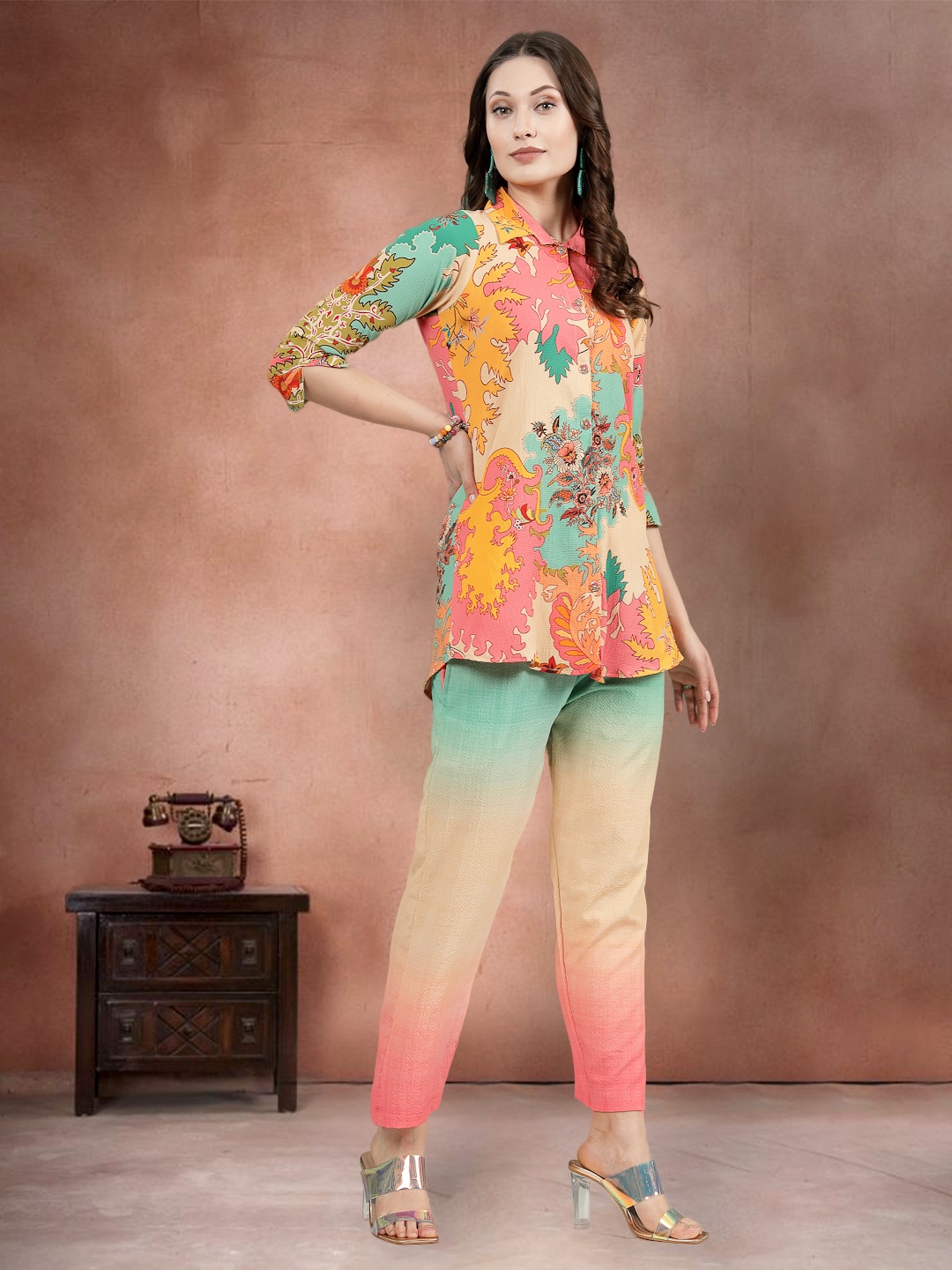 

all about you Printed Shirt With Trousers Co-Ords, Peach