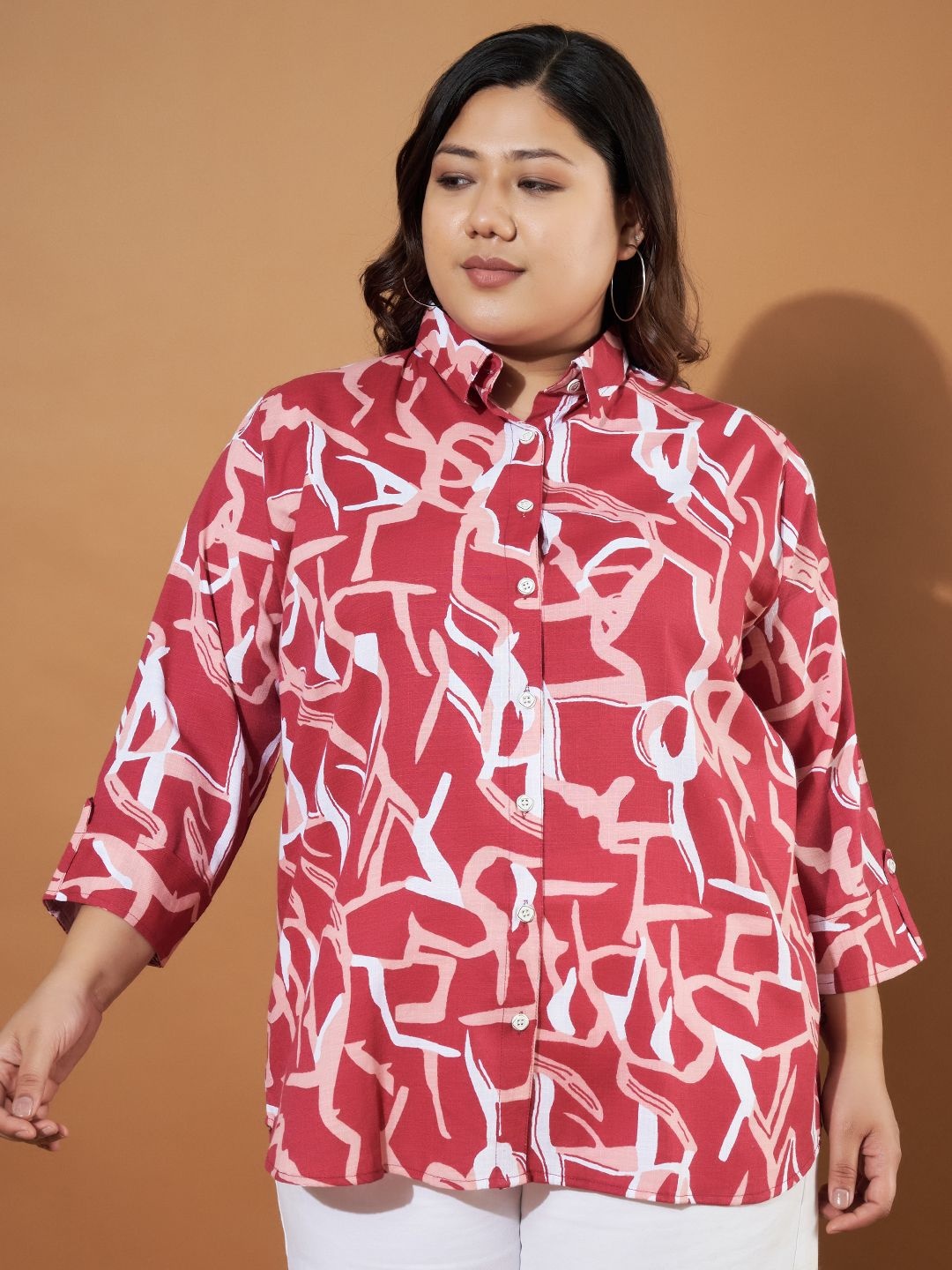 

Purple Feather Women Plus Size Printed Casual Shirt, Maroon