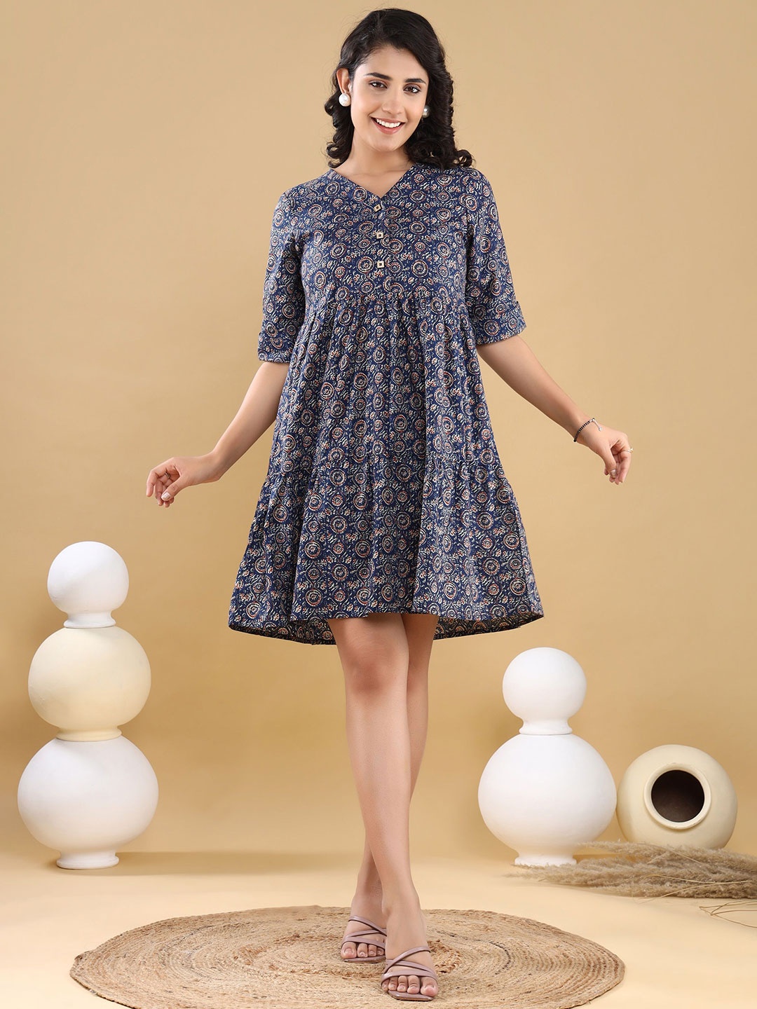 

Chandbaali Floral Print Fit & Flare Dress, Blue