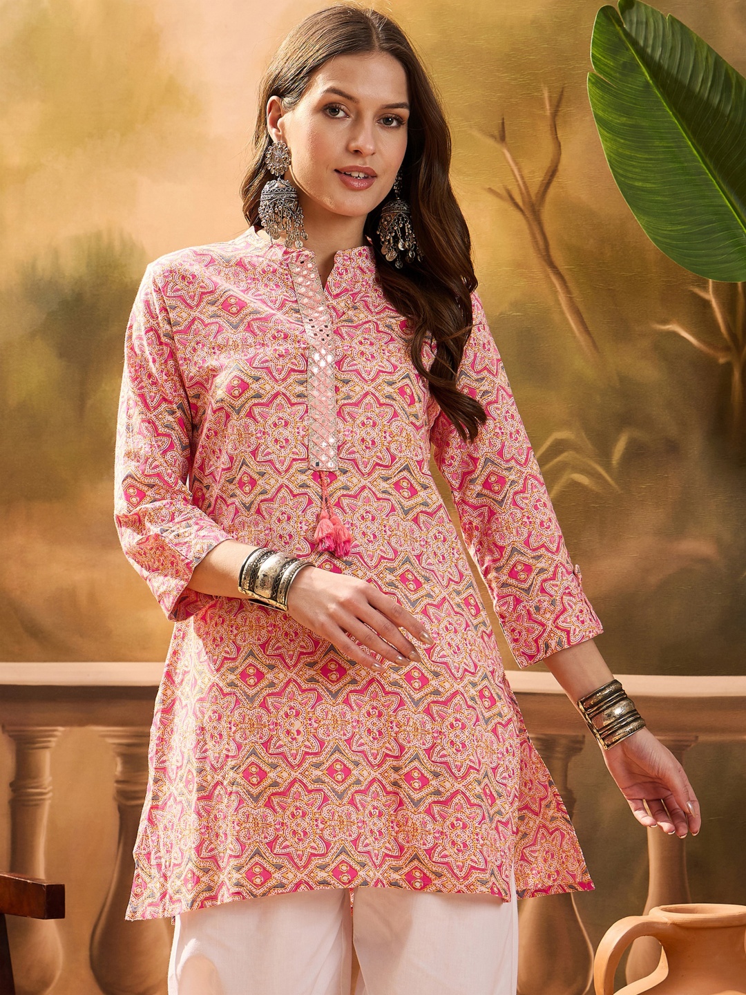 

Sangria Floral Printed Mandarin Collar Mirror Work Pure Cotton Straight Kurti, Pink