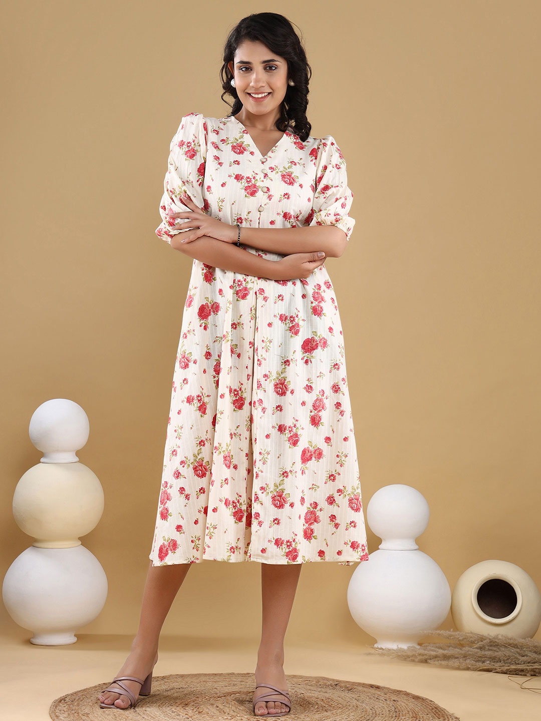 

Chandbaali Floral Print Puff Sleeve Fit & Flare Midi Dress, Pink
