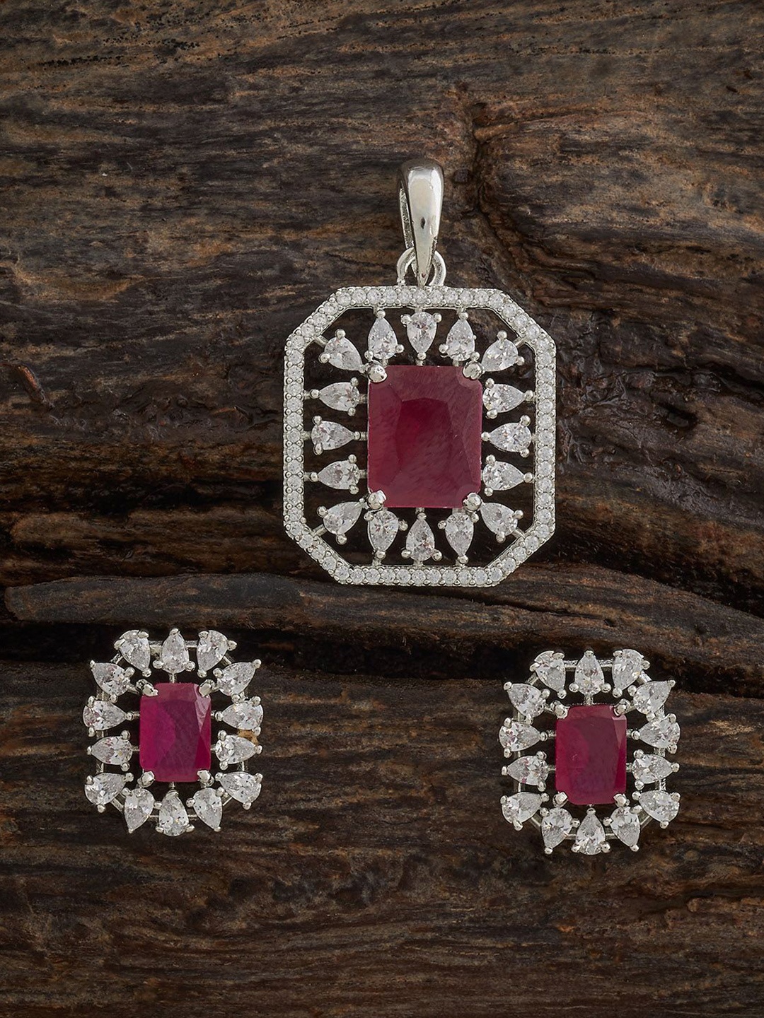 

Kushal's Fashion Jewellery Ruby Rhodium-Plated Party Zircon Pendant Set, Silver