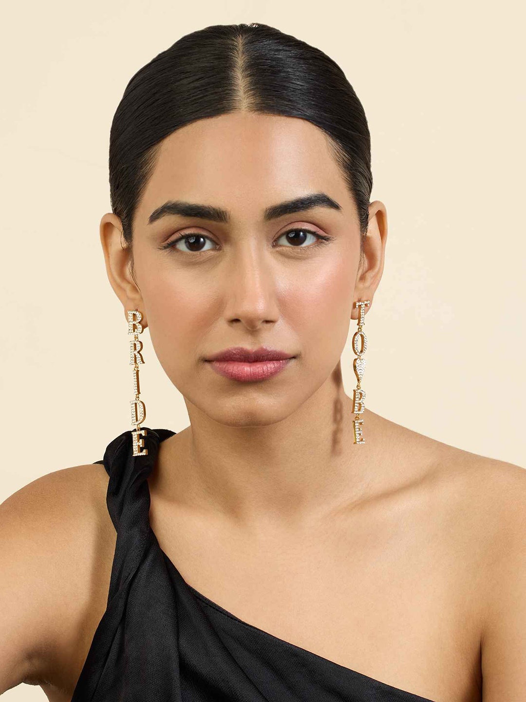 

MNSH Classic Brass Plated Artificial Stones Studded Bride To Be Drop Earrings, Gold