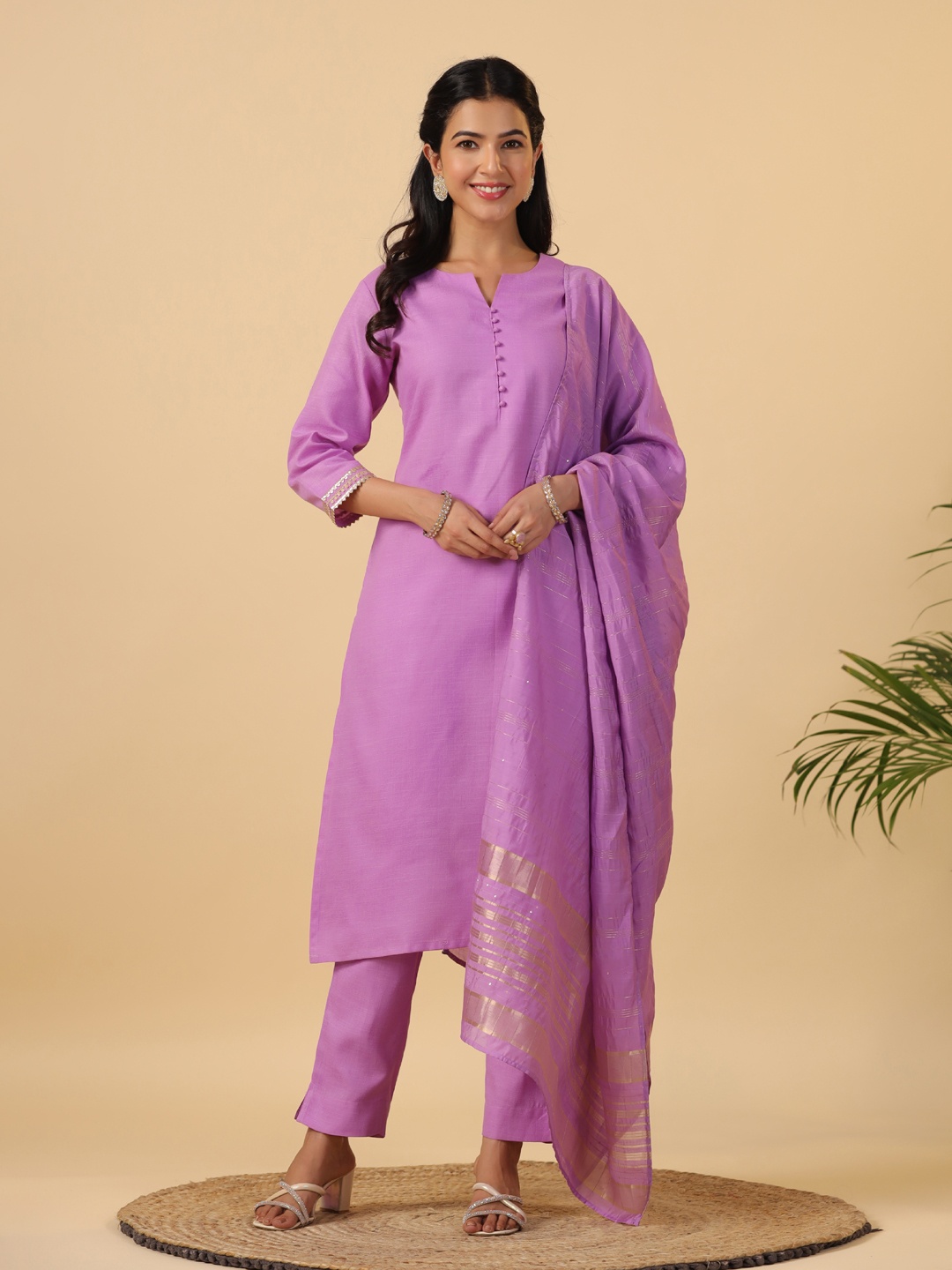 

KALINI Women Regular Pure Cotton Kurta with Trousers & With Dupatta, Lavender