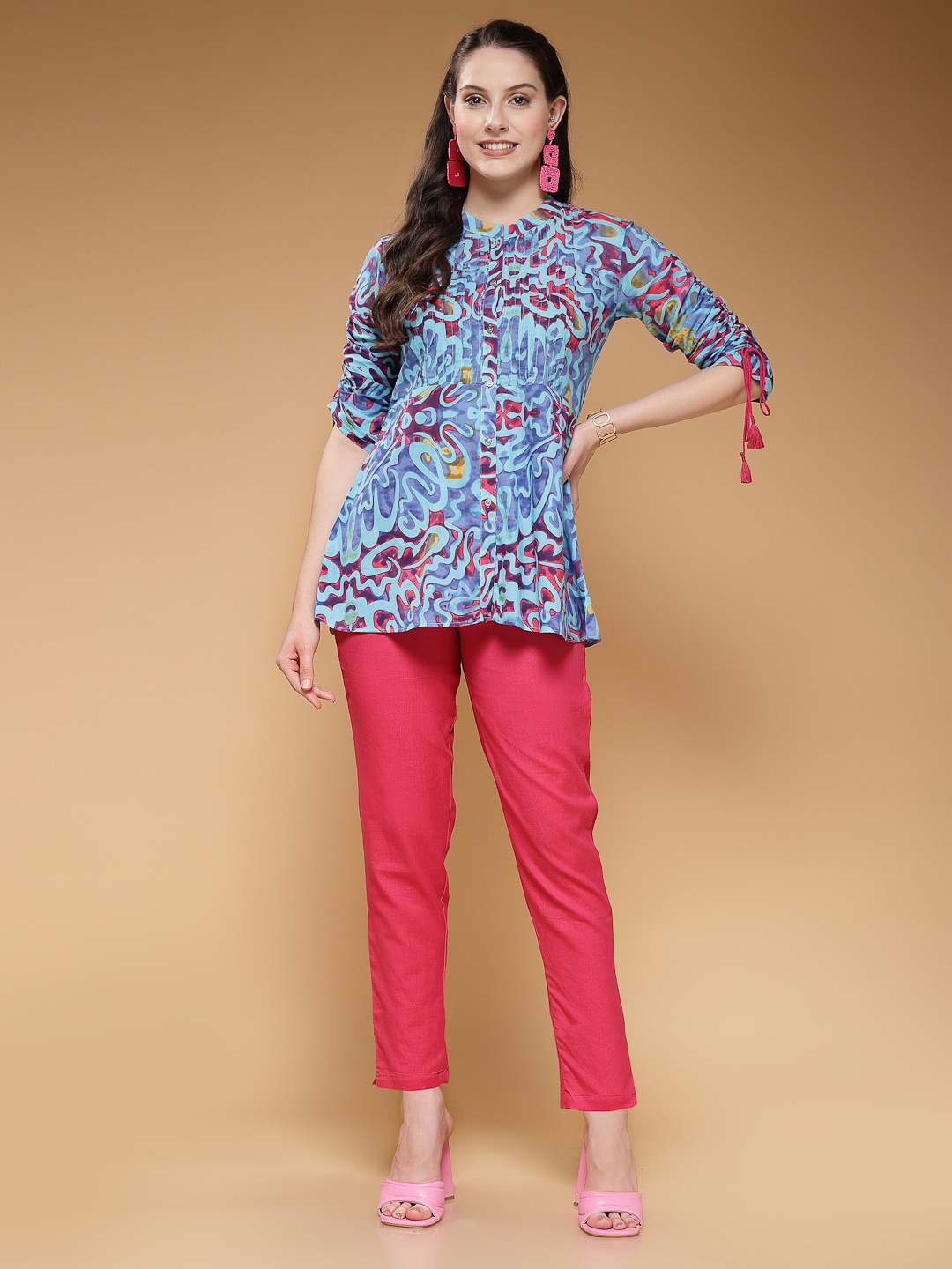 

Indibelle Abstract Printed Pure Cotton Mandarin Collar Tunic With Trouser, Blue