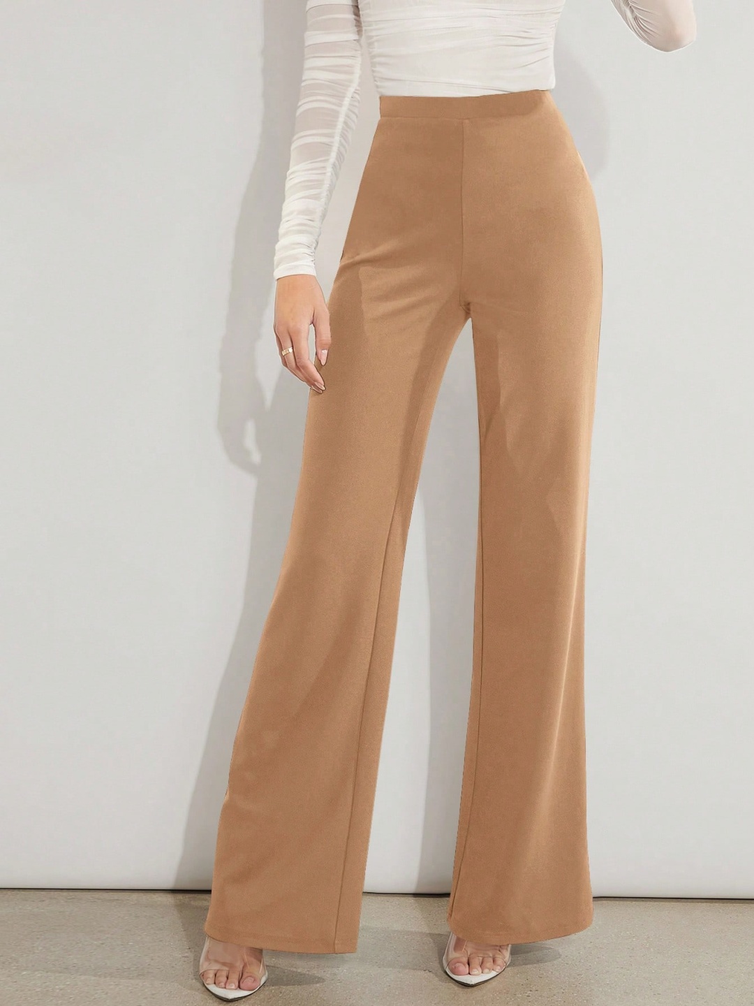 

NUCOUTHS Women Relaxed Straight Leg Straight Fit High-Rise Trousers, Beige