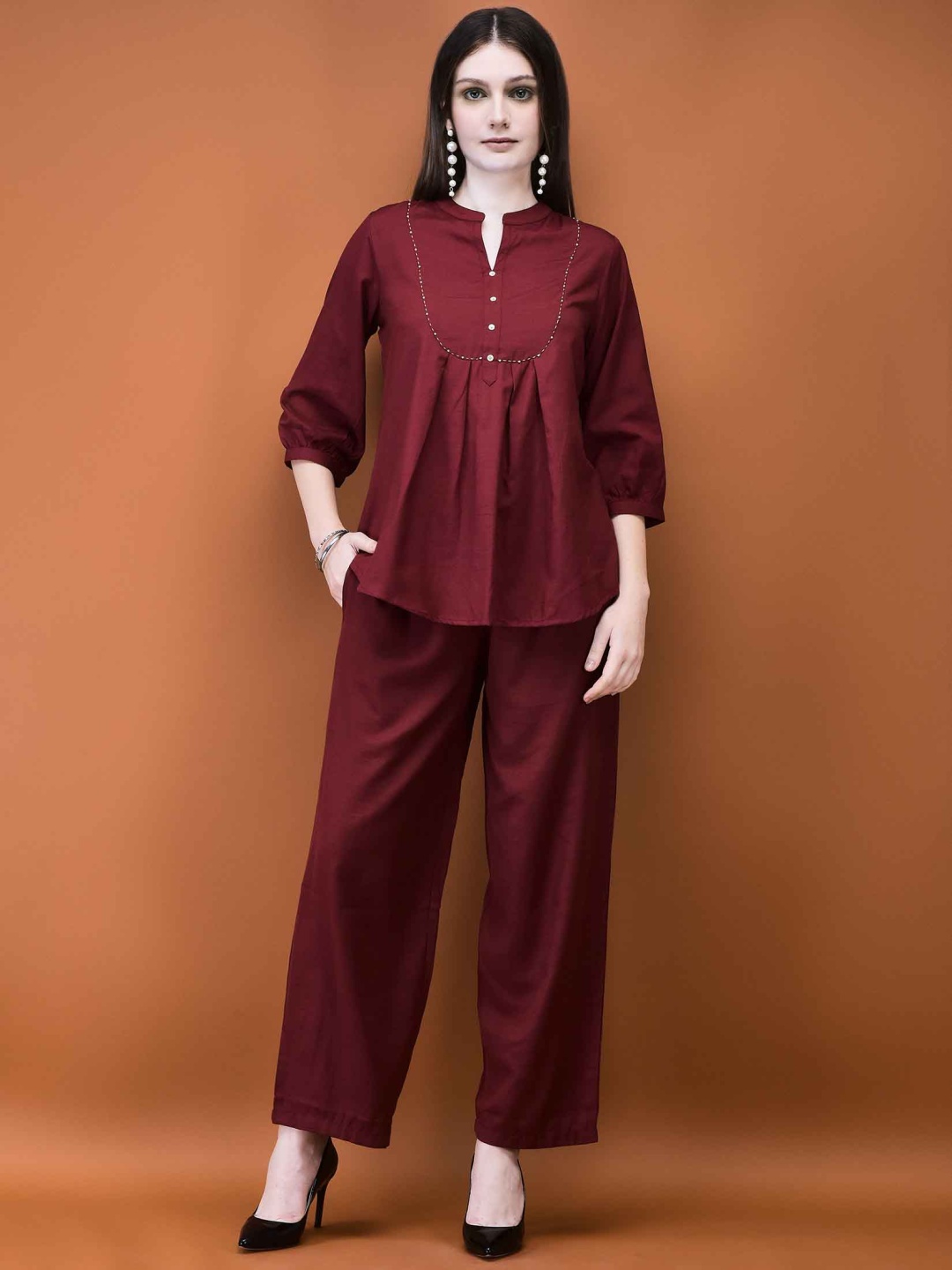 

Shree Mandarin Collar Tunic With Trousers, Coral