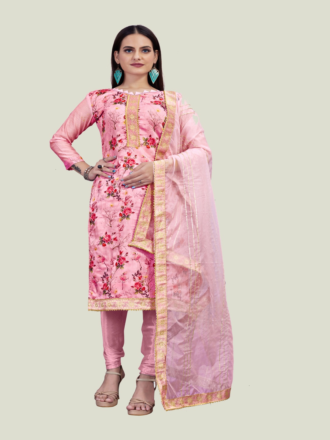 

HERE&NOW Floral Printed Gotta Patti Unstitched Dress Material, Pink