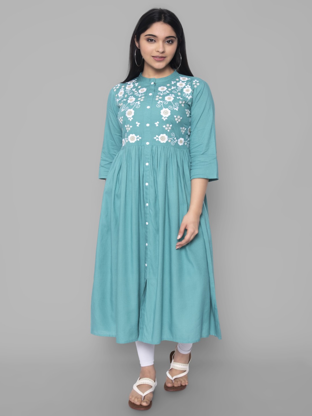

PALSIYA PRESENTS Floral Embroidered Mandarin Collar Thread Work A-Line Kurta, Blue