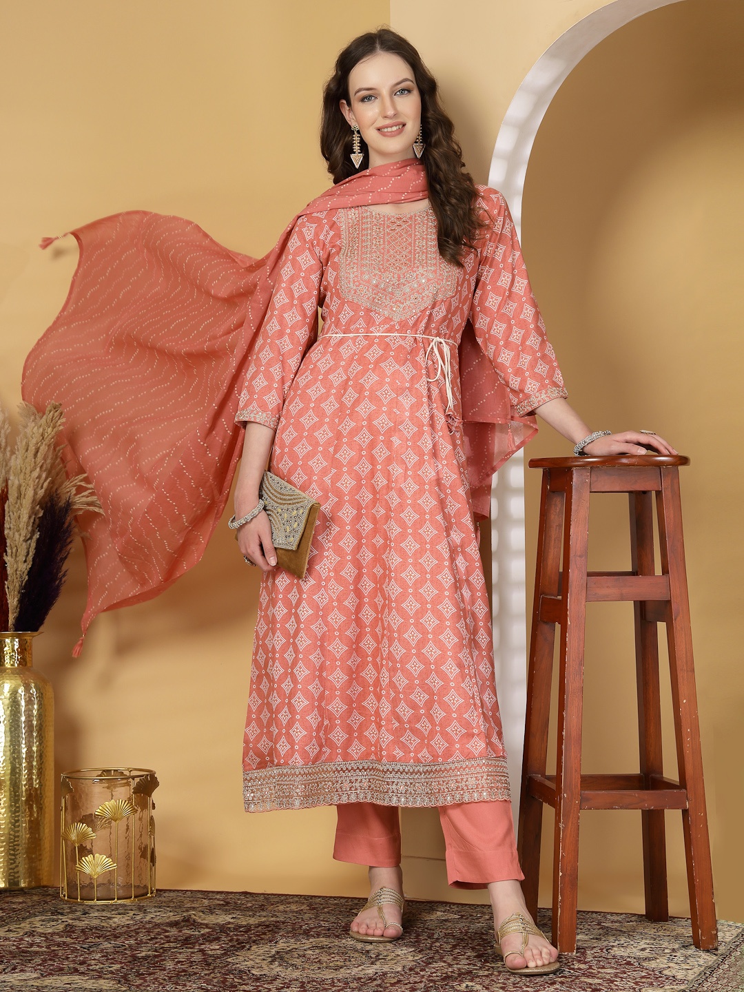 

KALINI Women Ethnic Motifs Embroidered Regular Kurta with Trousers & With Dupatta, Peach