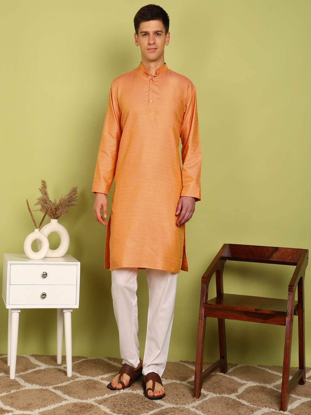 

PulseIQ Men Regular Kurta with Pyjamas, Orange