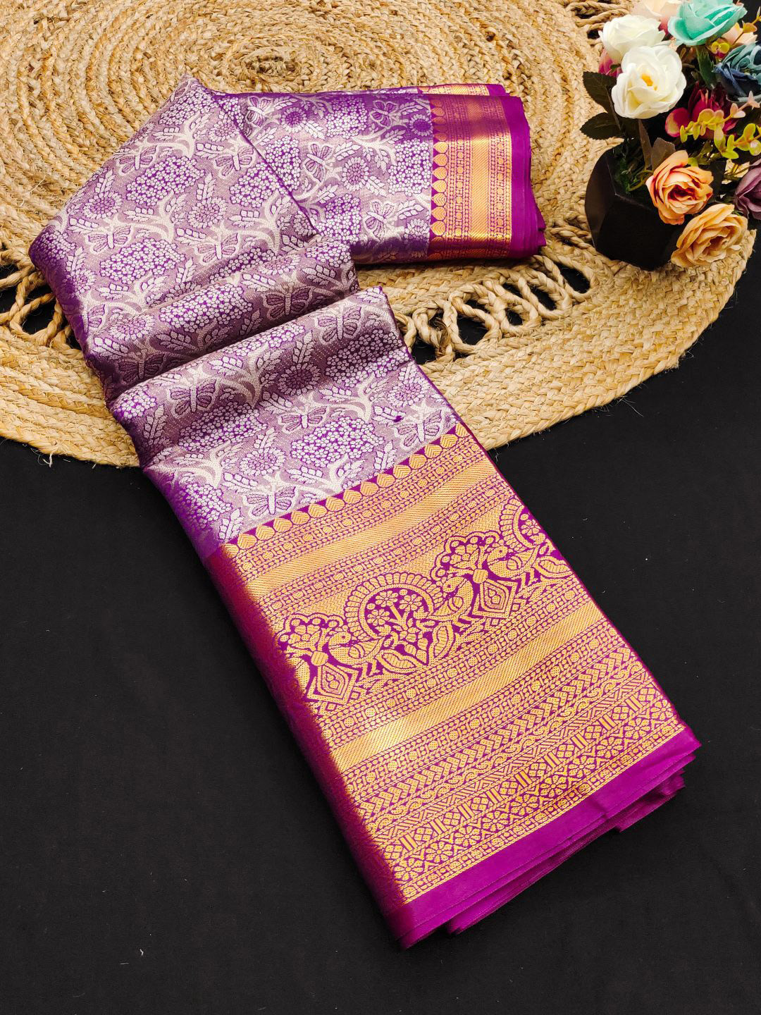 

yourwish Floral Zari Pure Silk Kanjeevaram Saree, Purple