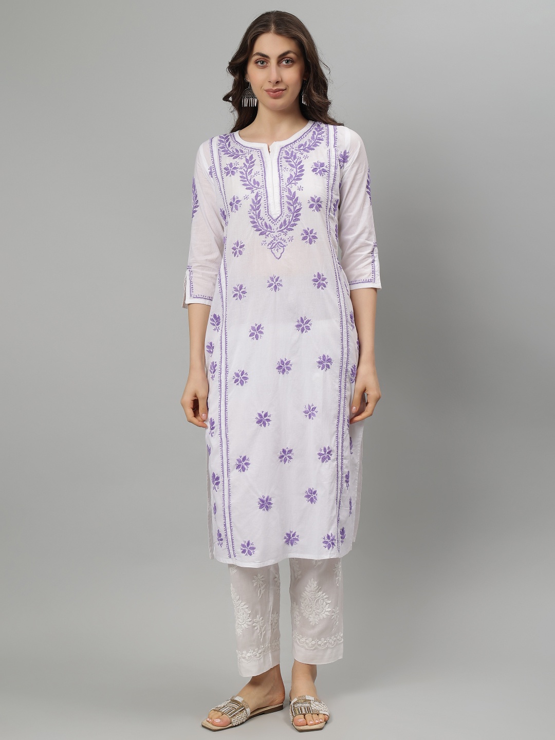 

Seva Chikan Embroidered Notch-Neck Chikankari Cotton Straight Kurta, White