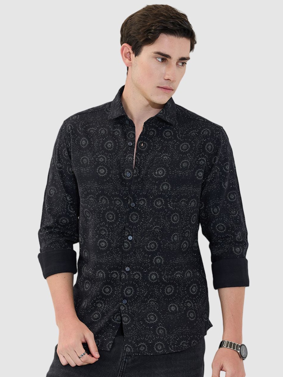 

Snitch Men Classic Opaque Printed Casual Shirt, Black