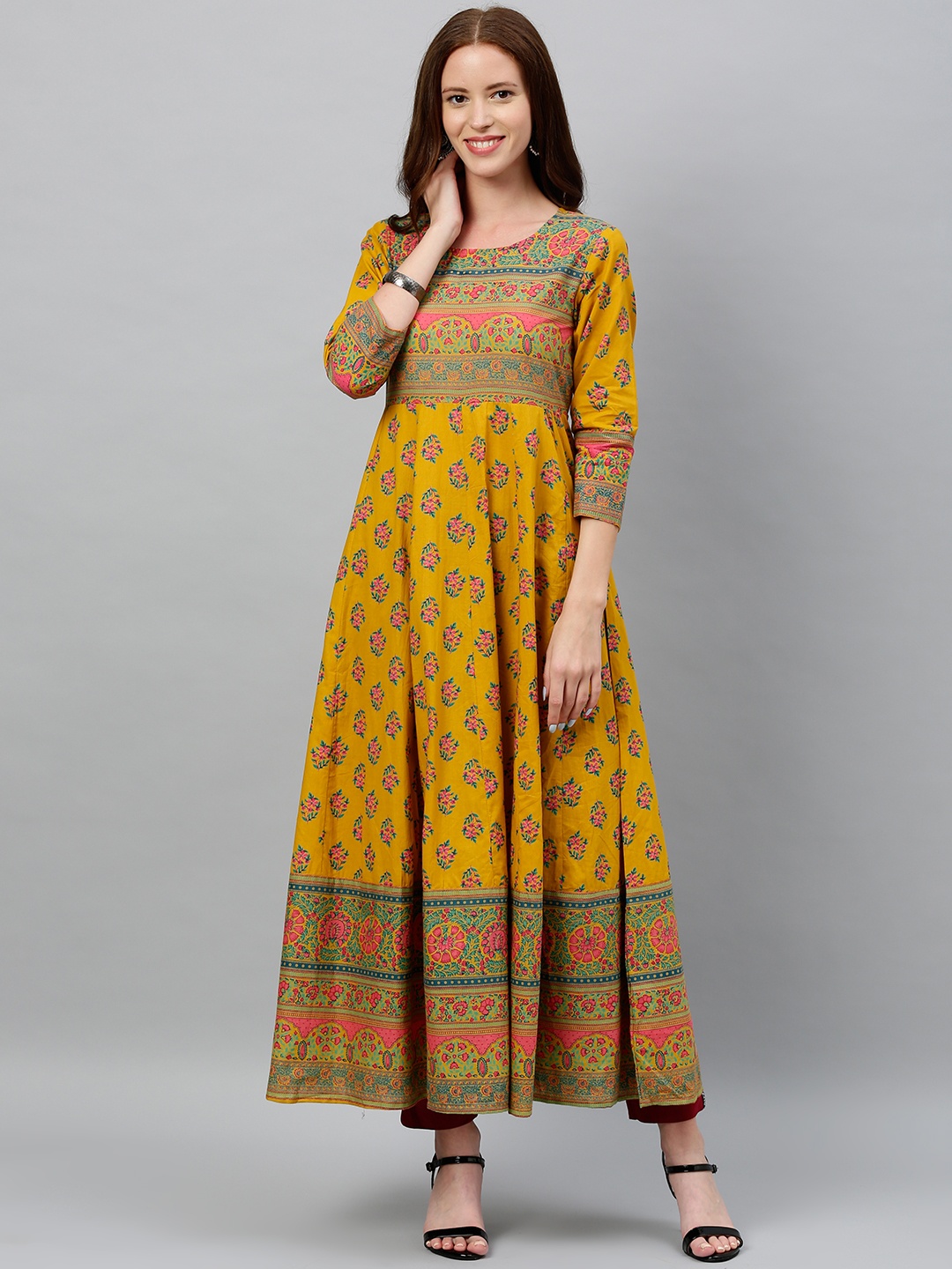 

CHIRAAI Ethnic Motifs Printed Cotton Anarkali Kurta, Mustard