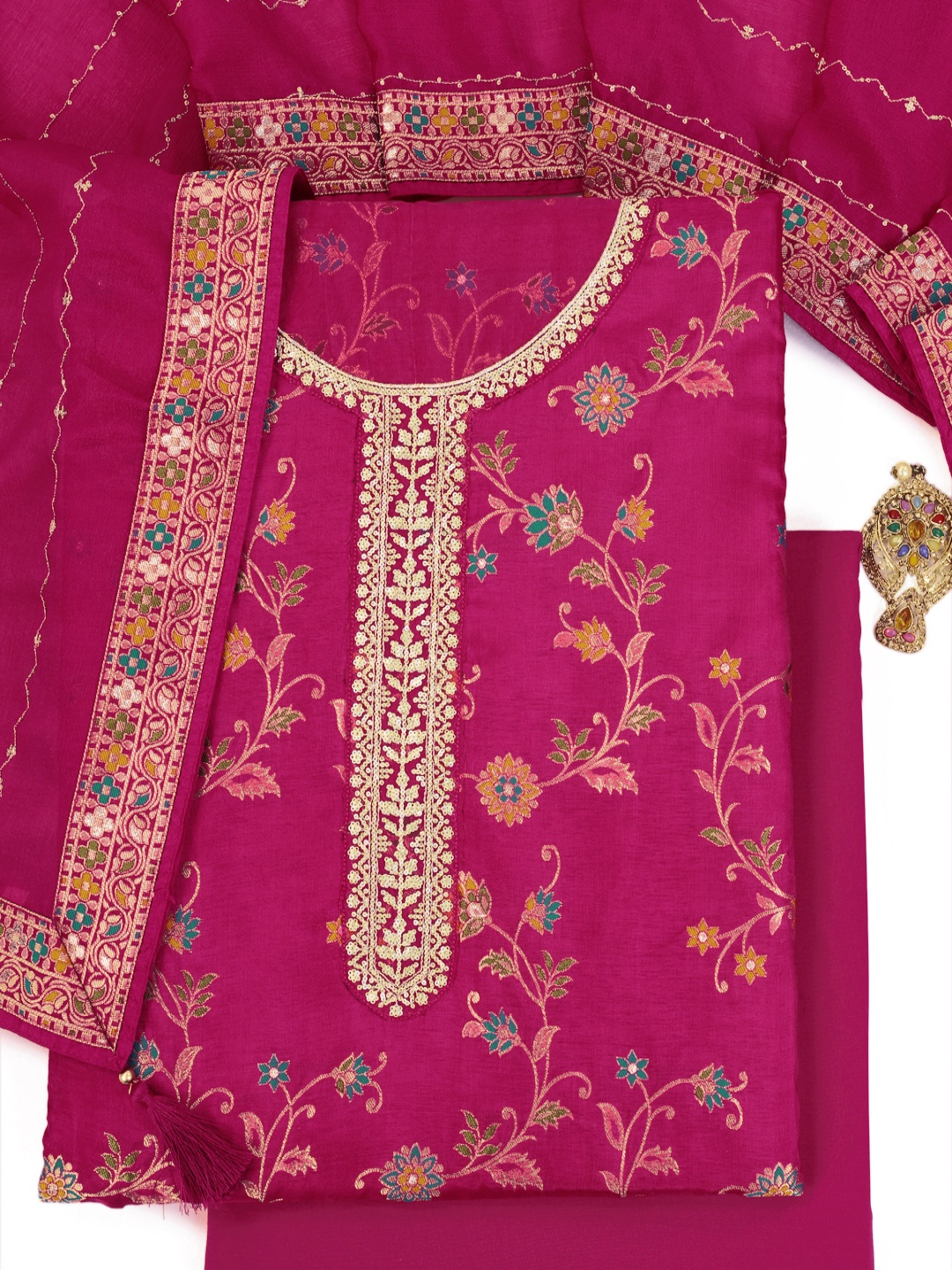 

KULEESH Floral Woven Design Sequinned Pure Silk Unstitched Dress Material, Magenta