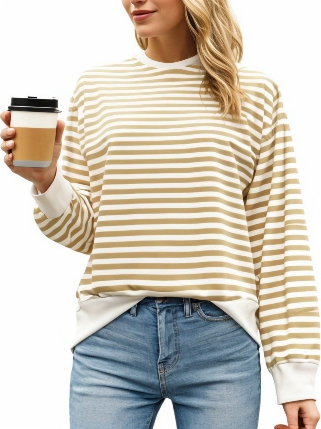 

DressBerry Women Striped Pockets T-shirt, Tan