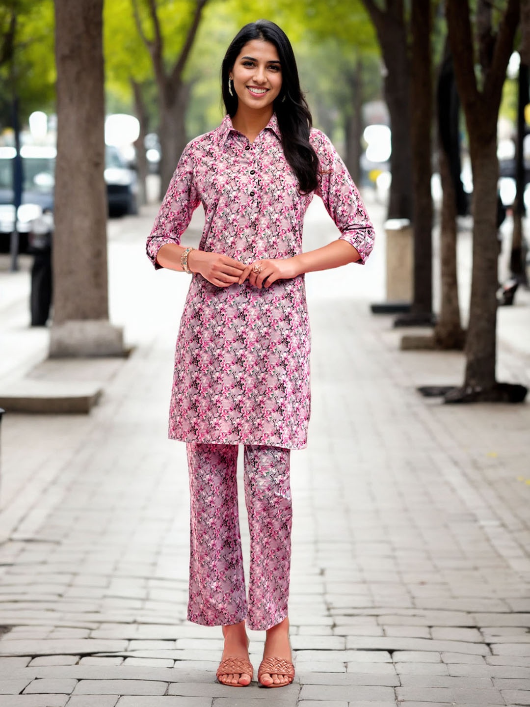 

Moda Rapido Women Floral Printed Regular Kurta with Trousers, Pink