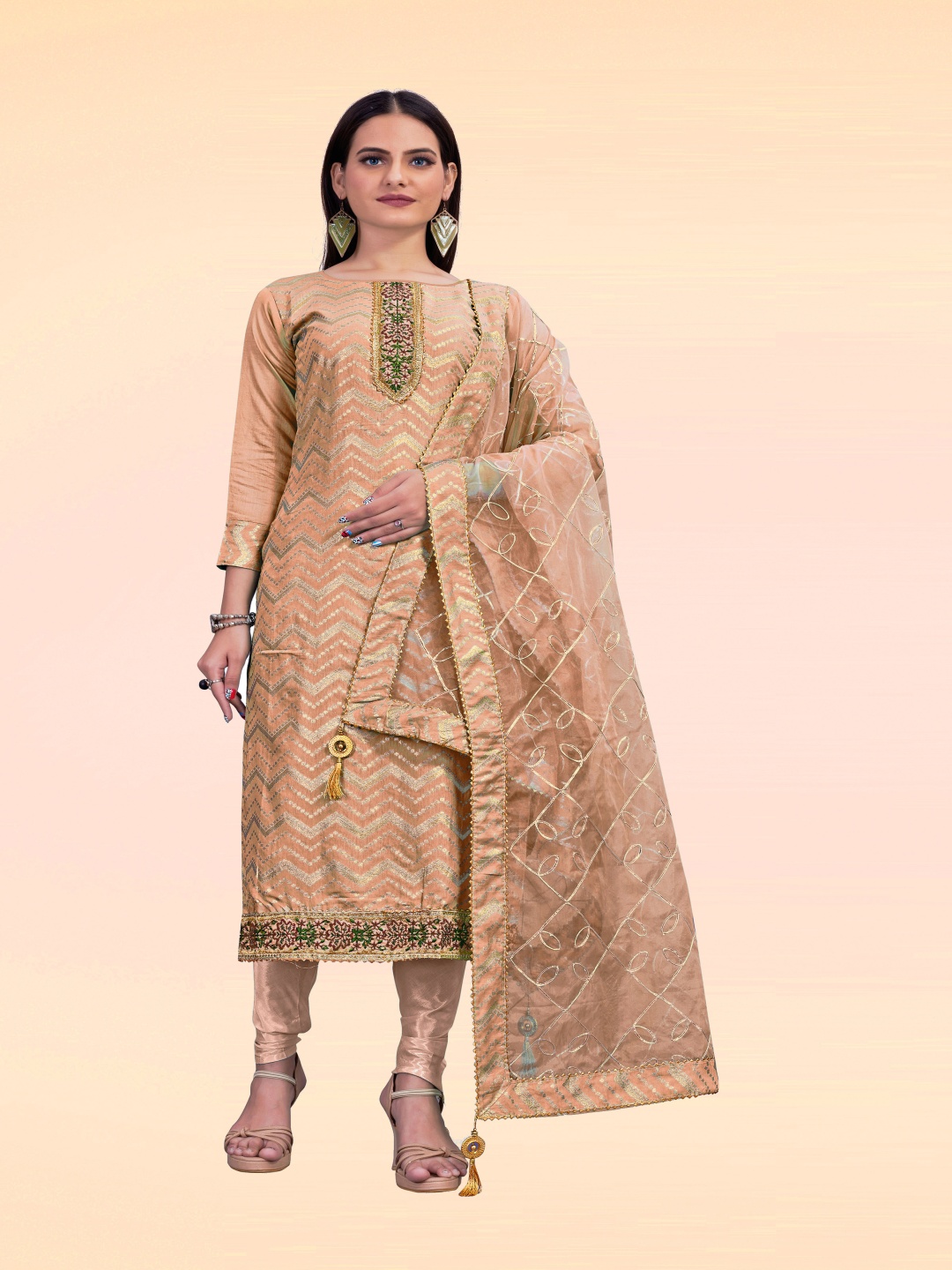 

HERE&NOW Chevron Woven Design Unstitched Dress Material, Peach