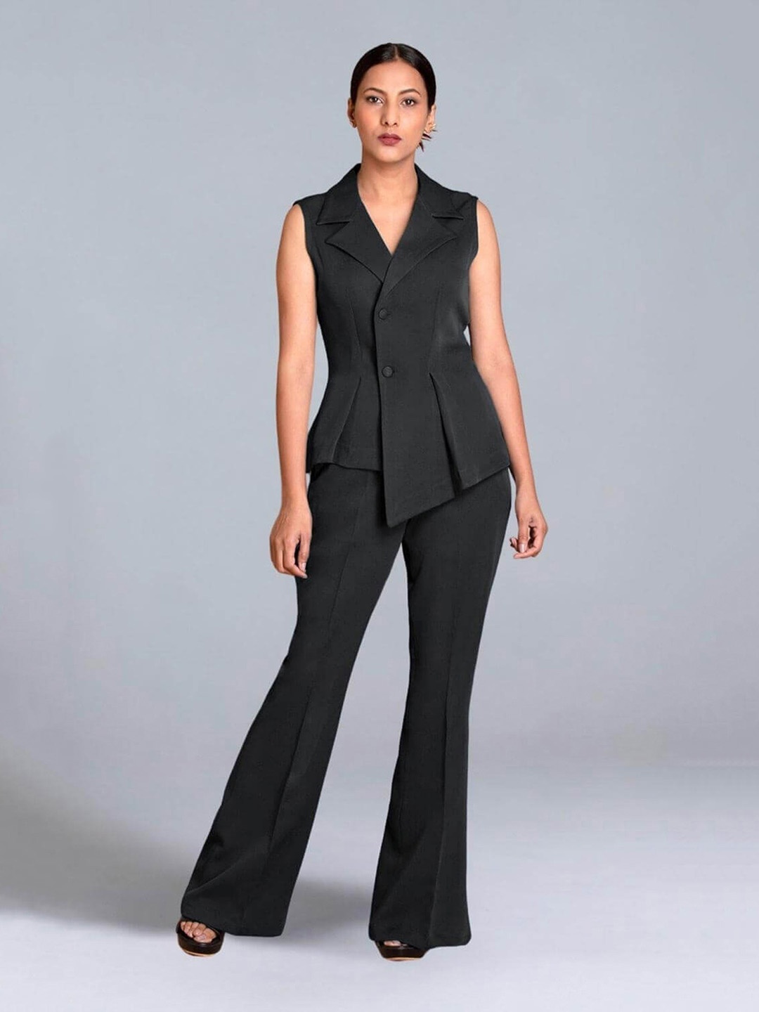 

Jaey Notched Lapel Collar Asymmetrical Waistcoat With Trouser, Black