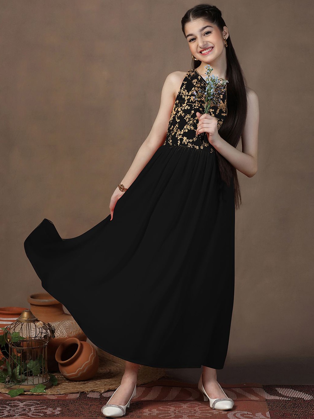 

BAESD Girls Printed Flared Maxi Dress, Black