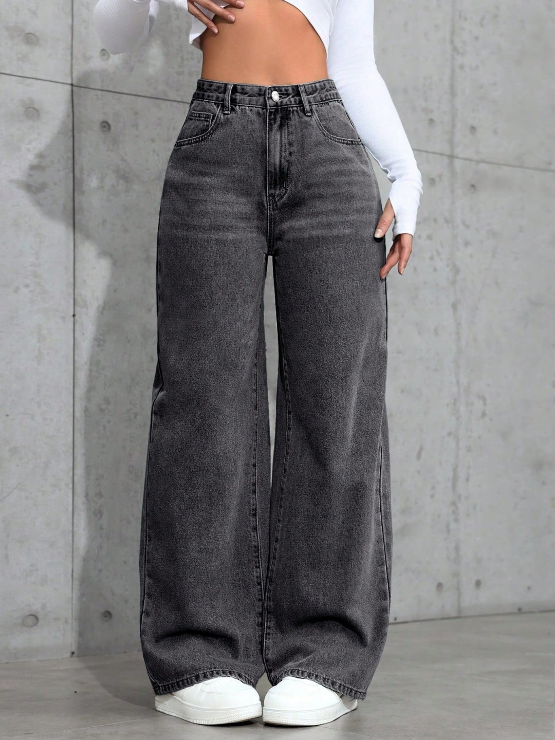 

NU CLOTHS Women Jean Wide Leg High-Rise Heavy Fade Stretchable Jeans, Grey