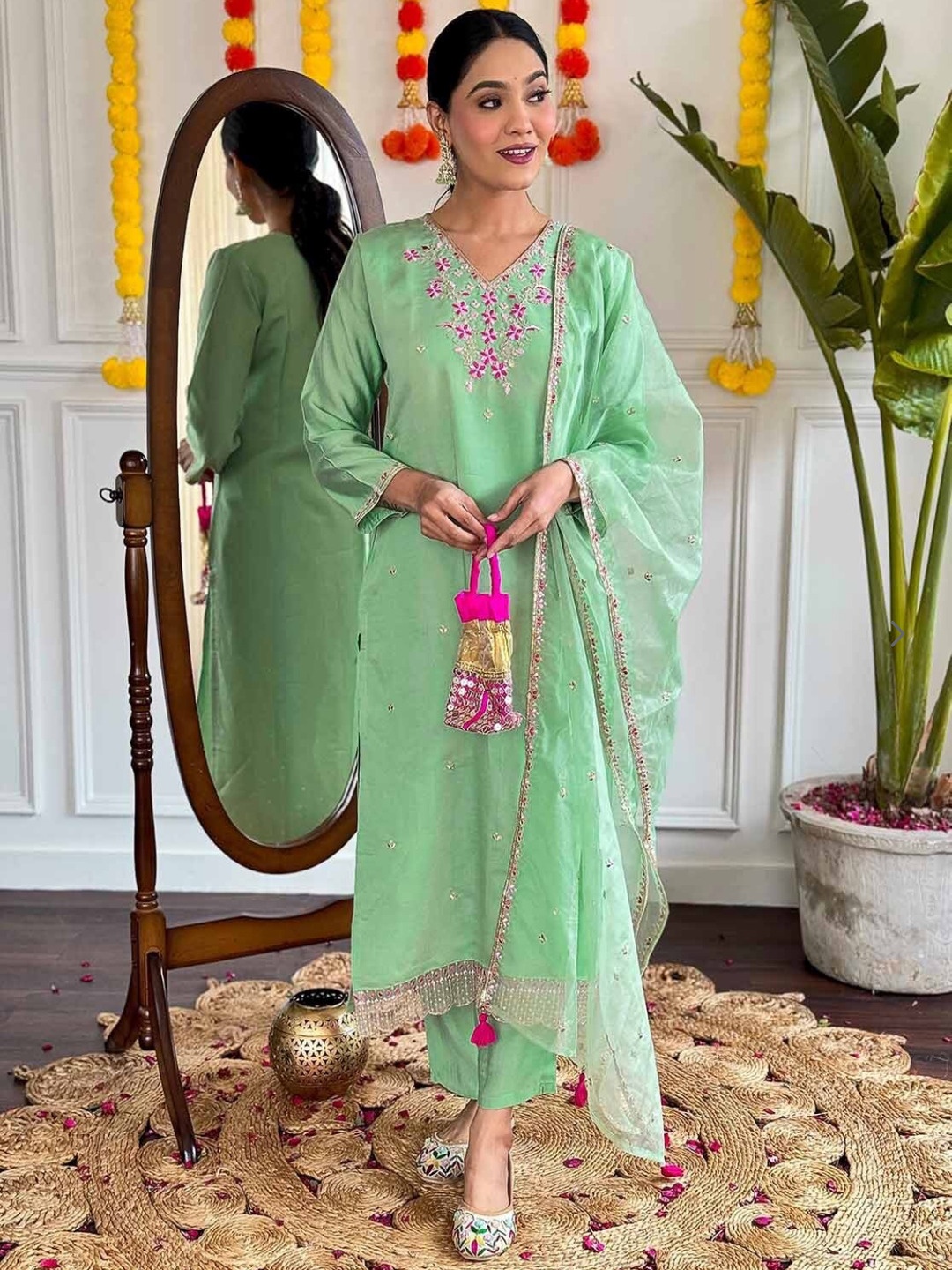 

KALINI Women Embroidered Regular Chanderi Silk Kurta with Trousers & With Dupatta, Lime green