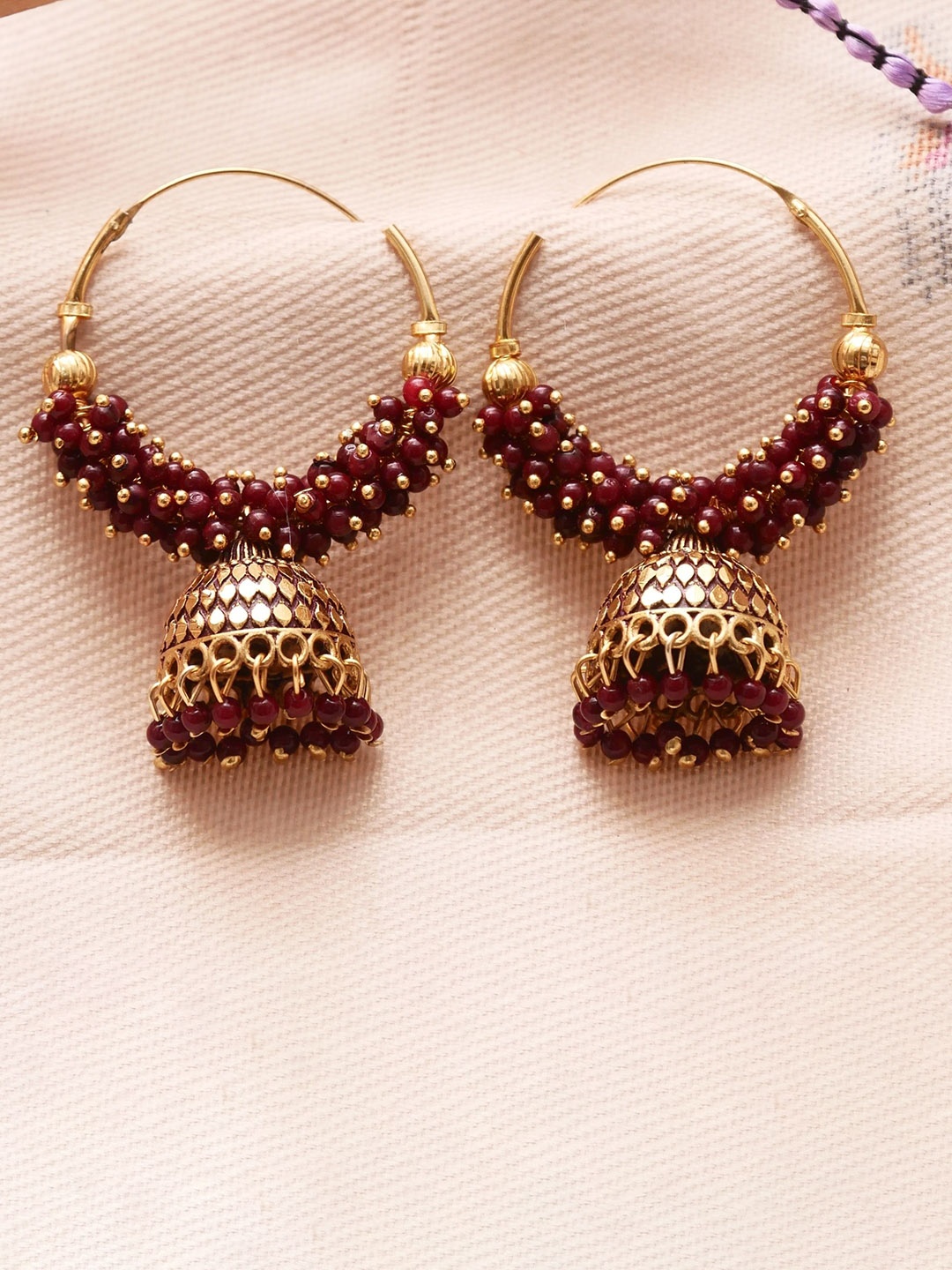

Anouk Gold-Plated Beaded Dome Shaped Jhumkas, Maroon