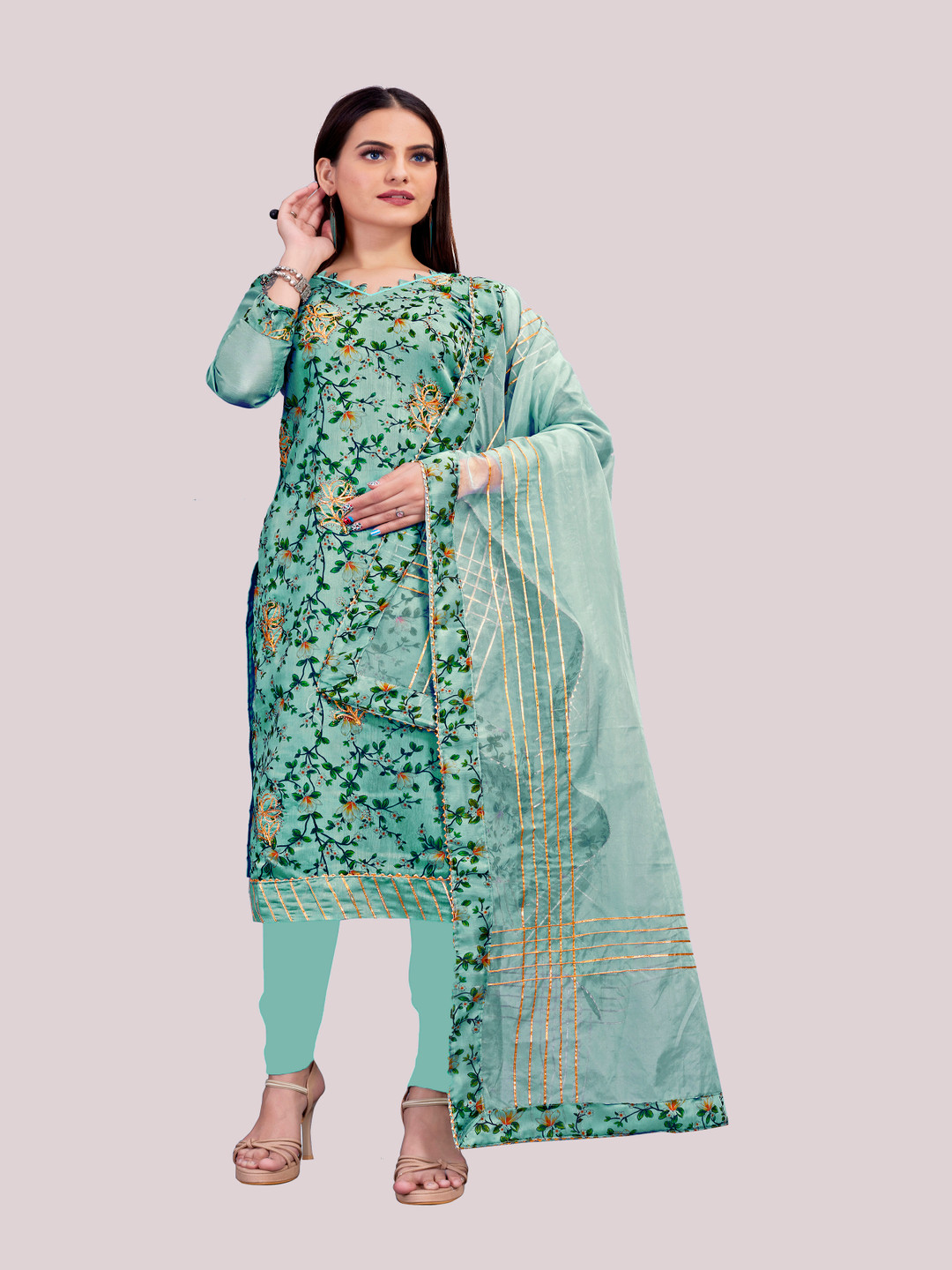 

HERE&NOW Floral Printed Gotta Patti Unstitched Dress Material, Green