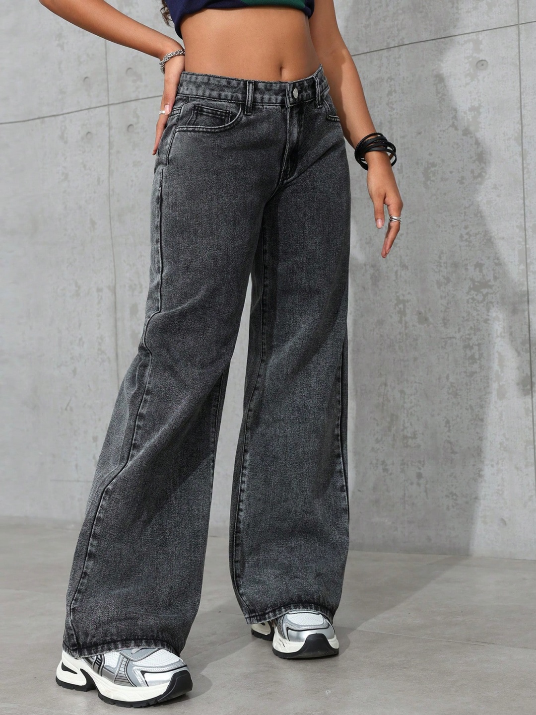 

NU CLOTHS Women Jean Wide Leg High-Rise Stretchable Jeans, Grey