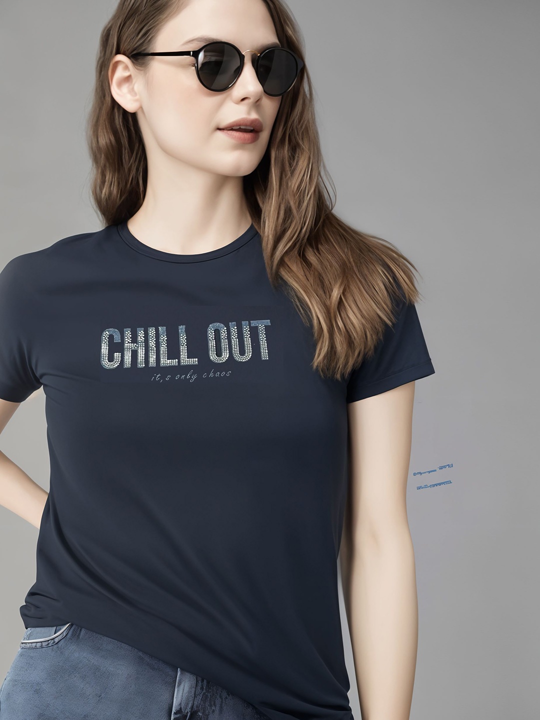

DressBerry Women Printed Applique T-shirt, Navy blue
