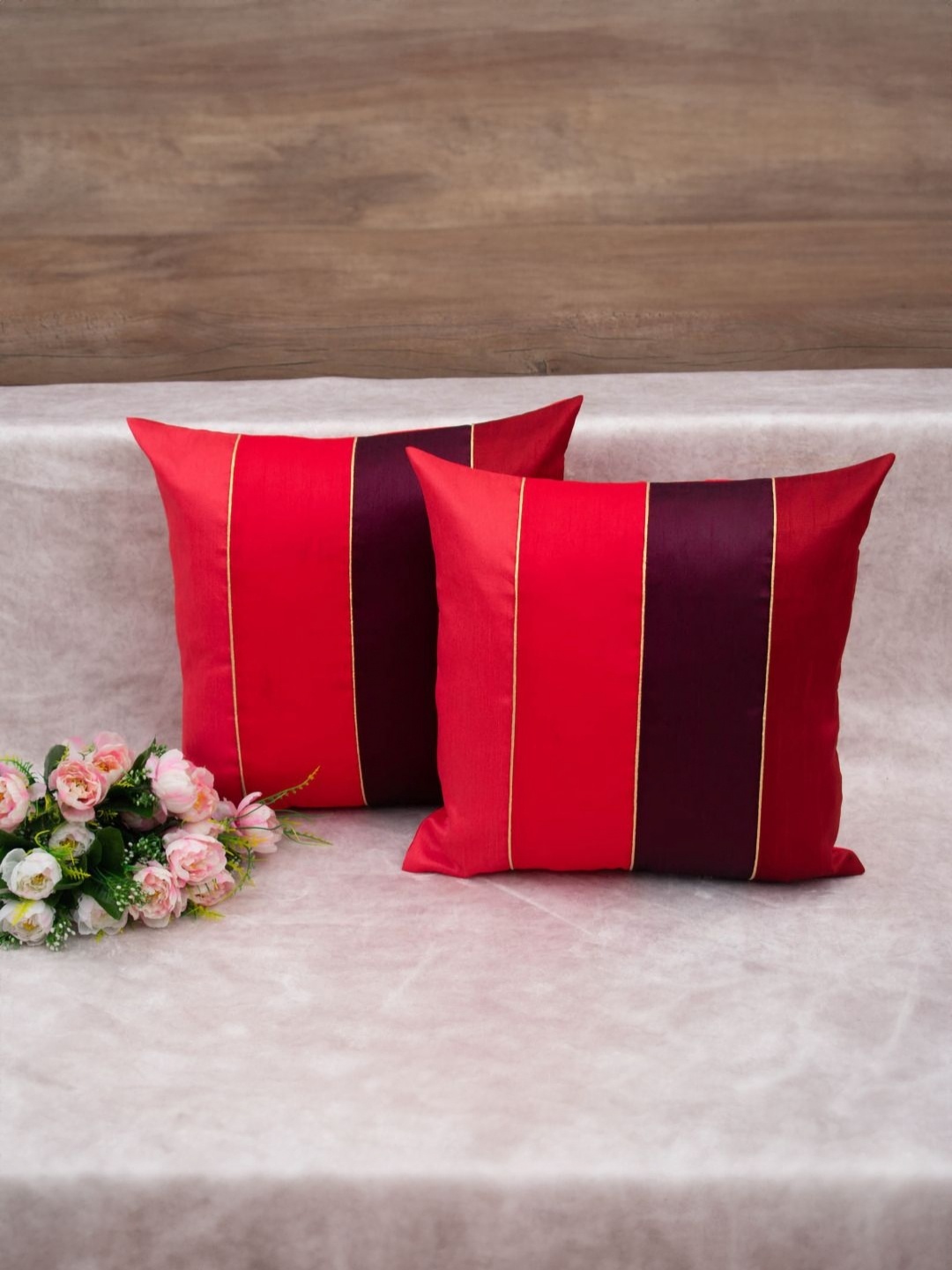 

RoyalDeco Royal Red & Brown 2 Pieces Silk Striped Square Cushion Covers