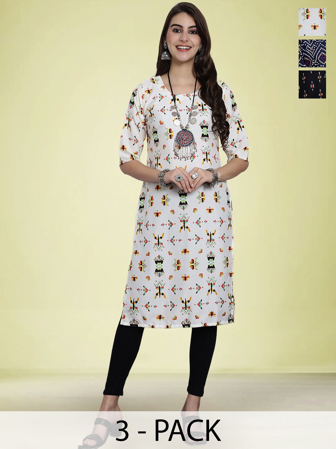 

Moda Rapido Selection Of 3 Geometric Printed Round Neck Straight Kurtas, White