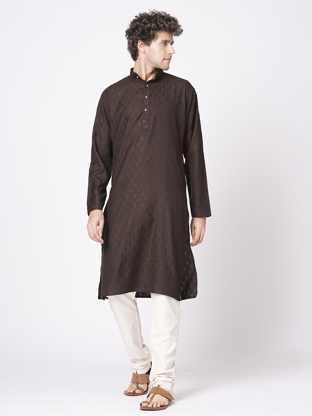 

TRYBUY.IN Men Geometric Woven Design Dobby Cotton Straight Kurta, Brown