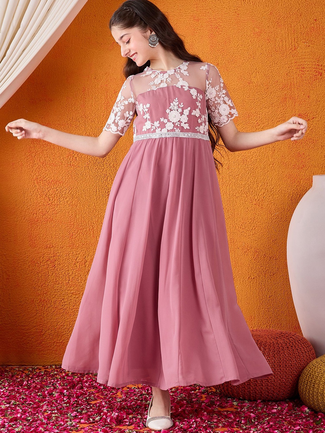 

Cherry & Jerry Floral Embroidered Cold-Shoulder Georgette Fit & Flare Maxi Dress, Mauve