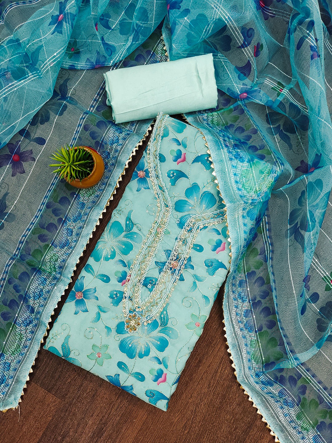 

BlissFlair Floral Printed Beads Work Organza Unstitched Dress Material, Blue