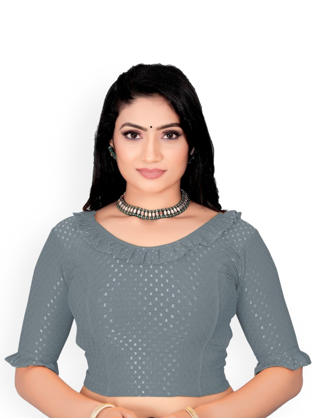 

SS Sanket Synthetics Self-Designed Cotton Frill Blouse, Grey