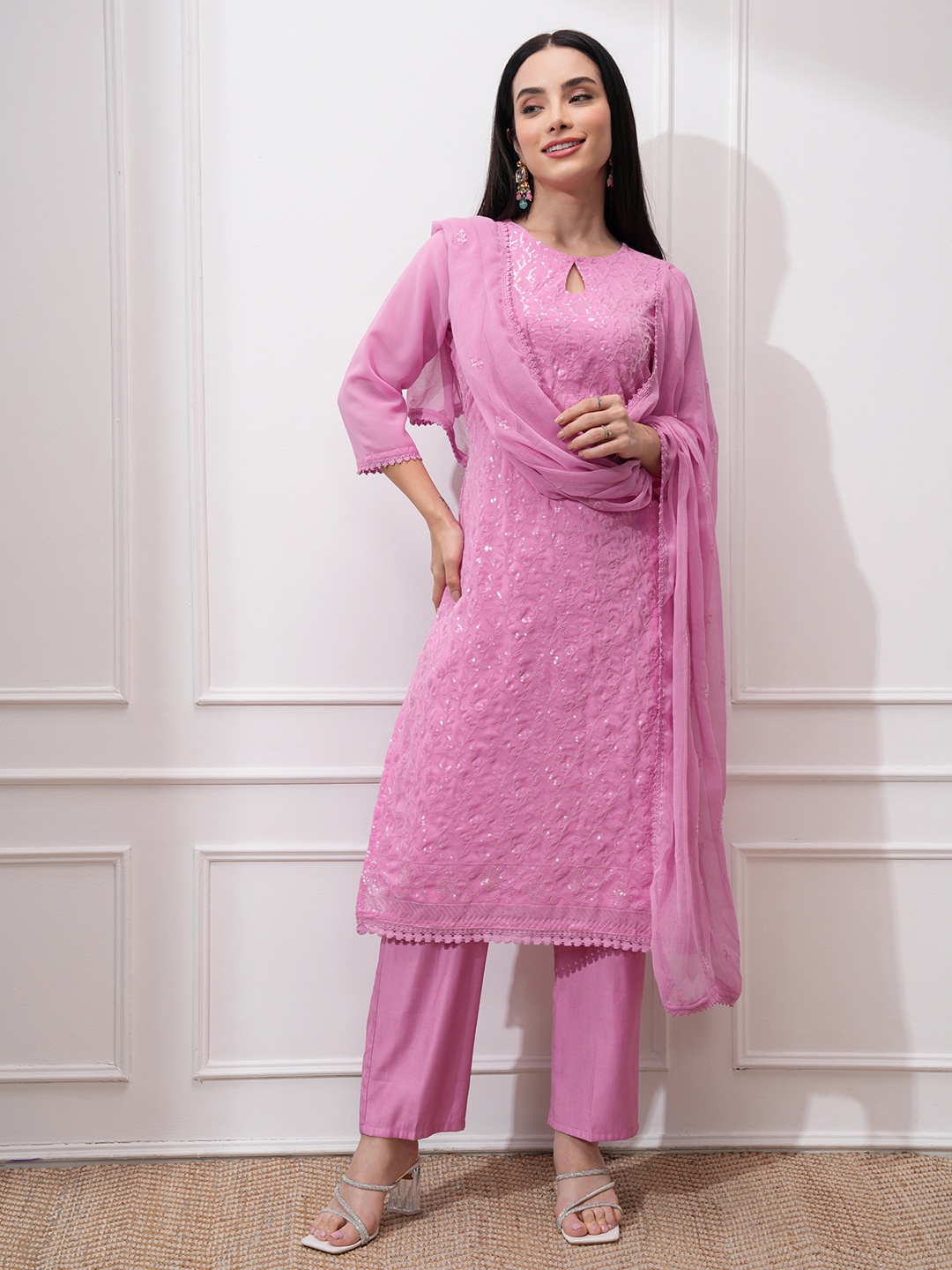 

Vishudh Women Ethnic Motifs Embroidered Regular Sequinned Kurta with Trousers & With Dupatta, Pink