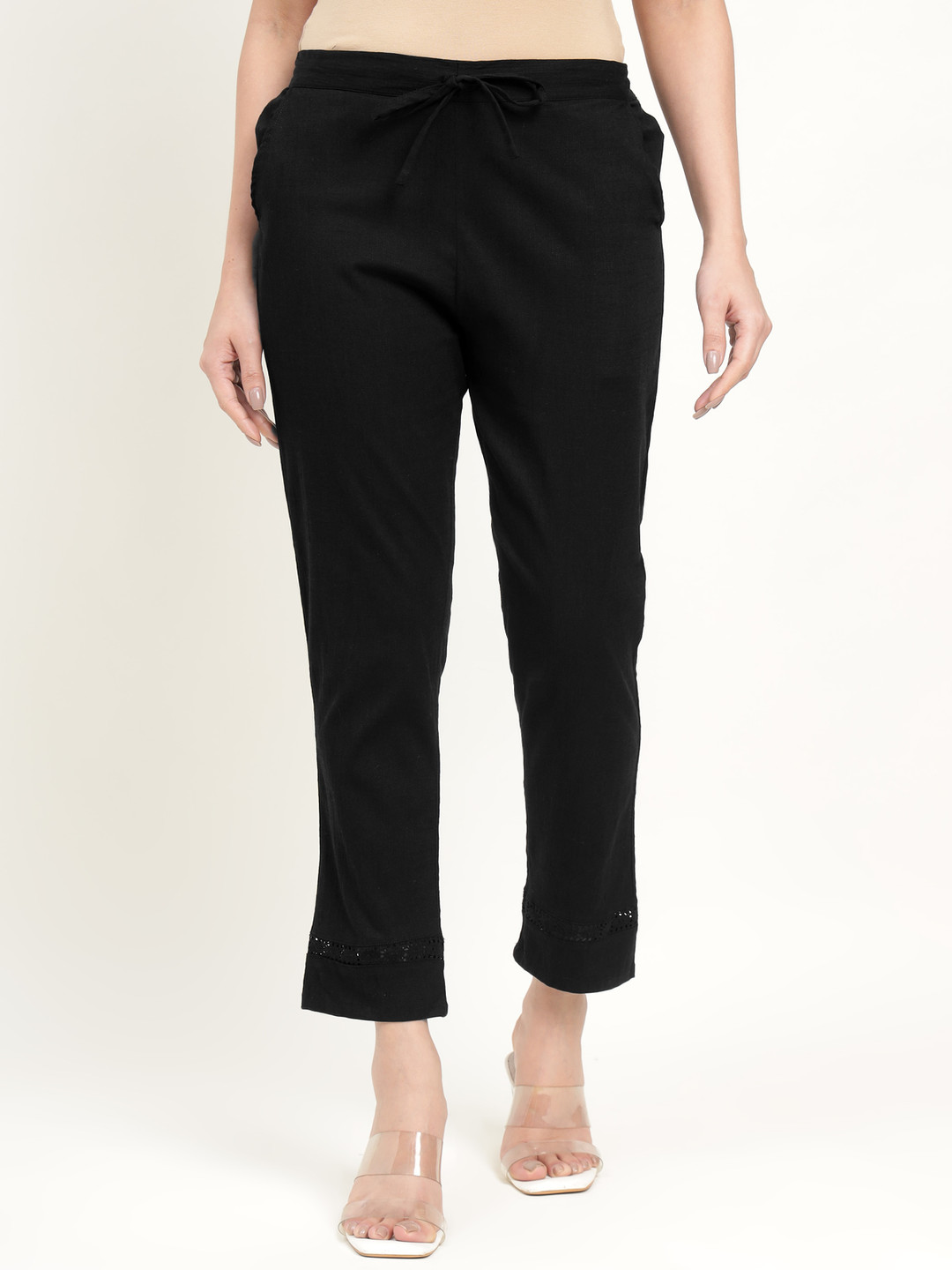 

ZARI Women Jaipur Cotton Viscose Pant with Single Lace, Black