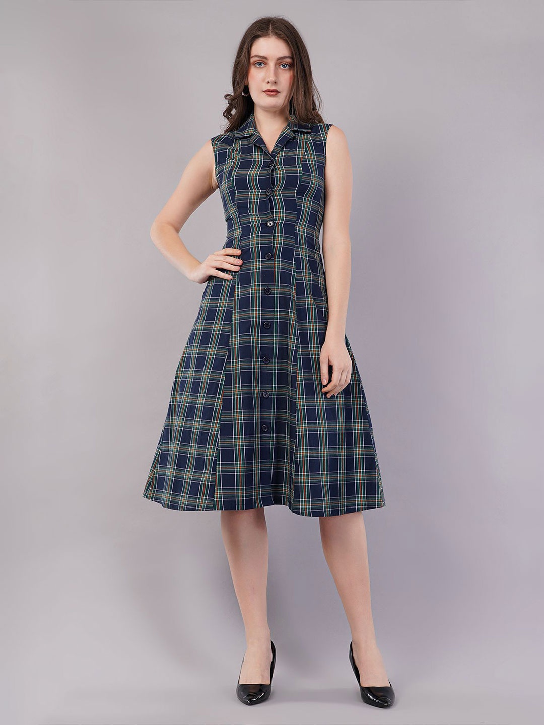 

FLY STITCH Checked Fit & Flare Midi Dress, Blue