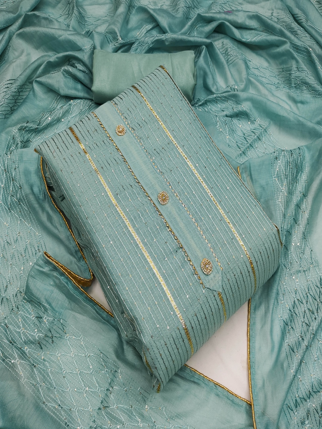 

HERE&NOW Striped Sequinned Unstitched Dress Material, Sea green