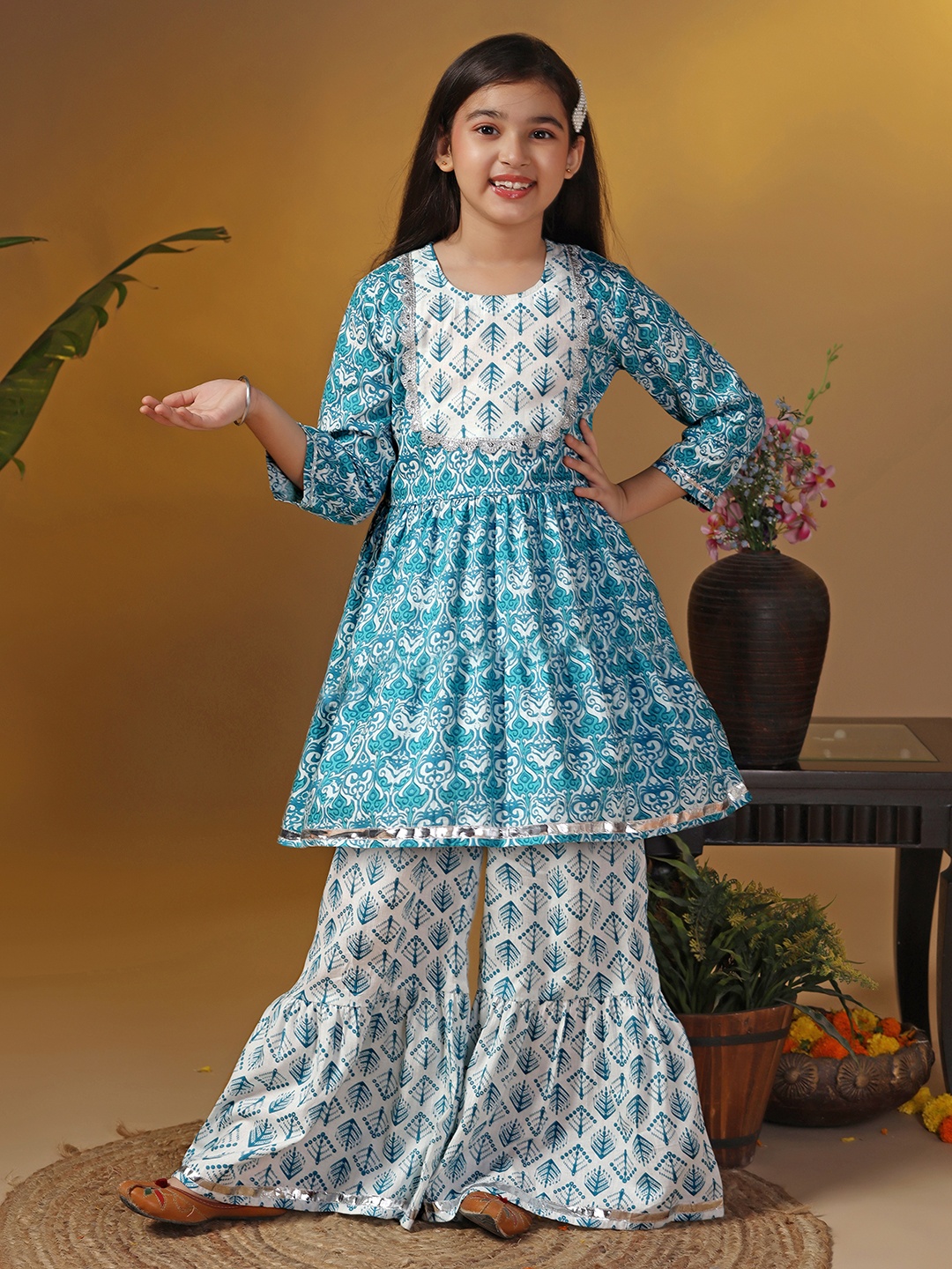 

BAESD Girls Printed Regular Kurta with Sharara, Blue