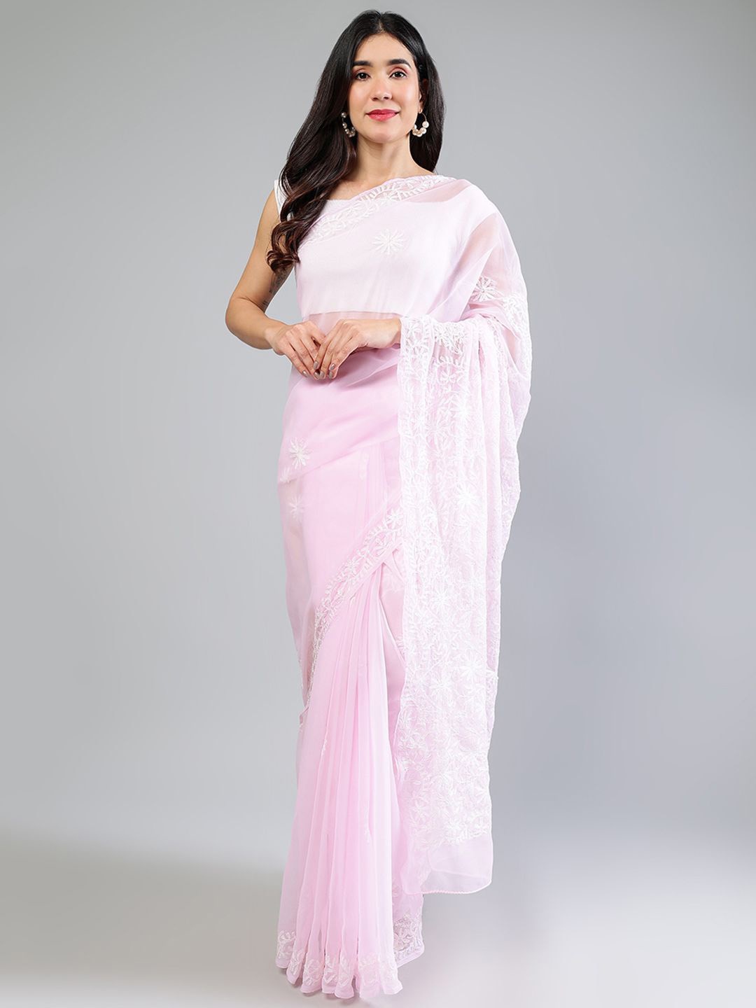 

Seva Chikan Ethnic Motifs Embroidered Poly Georgette Saree, Pink