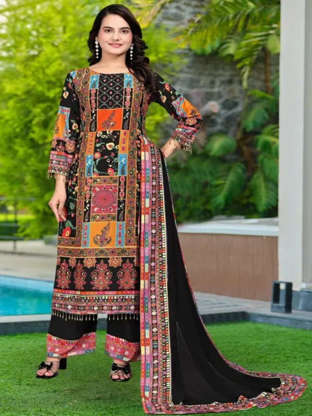 

NKV Ethnic Motifs Printed Round Neck Chanderi Silk Straight Kurta With Palazzo & Dupatta, Black