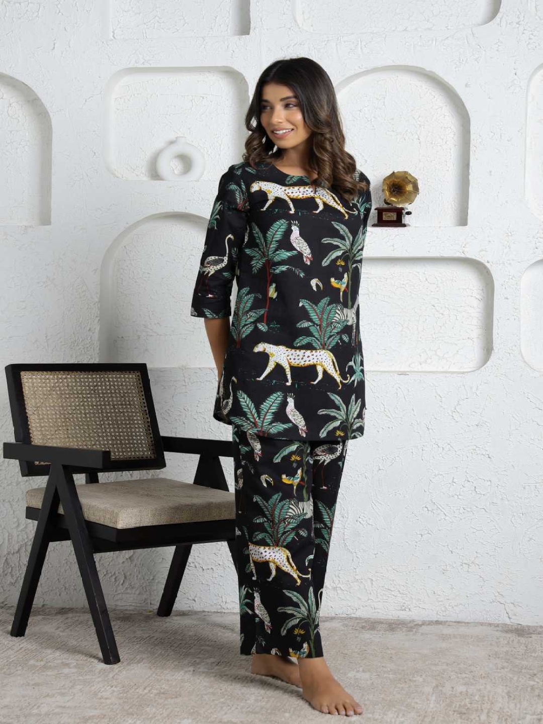 

FLAVIA CREATION Printed Pure Cotton Round-Neck Top With Trousers Co-Ords, Black