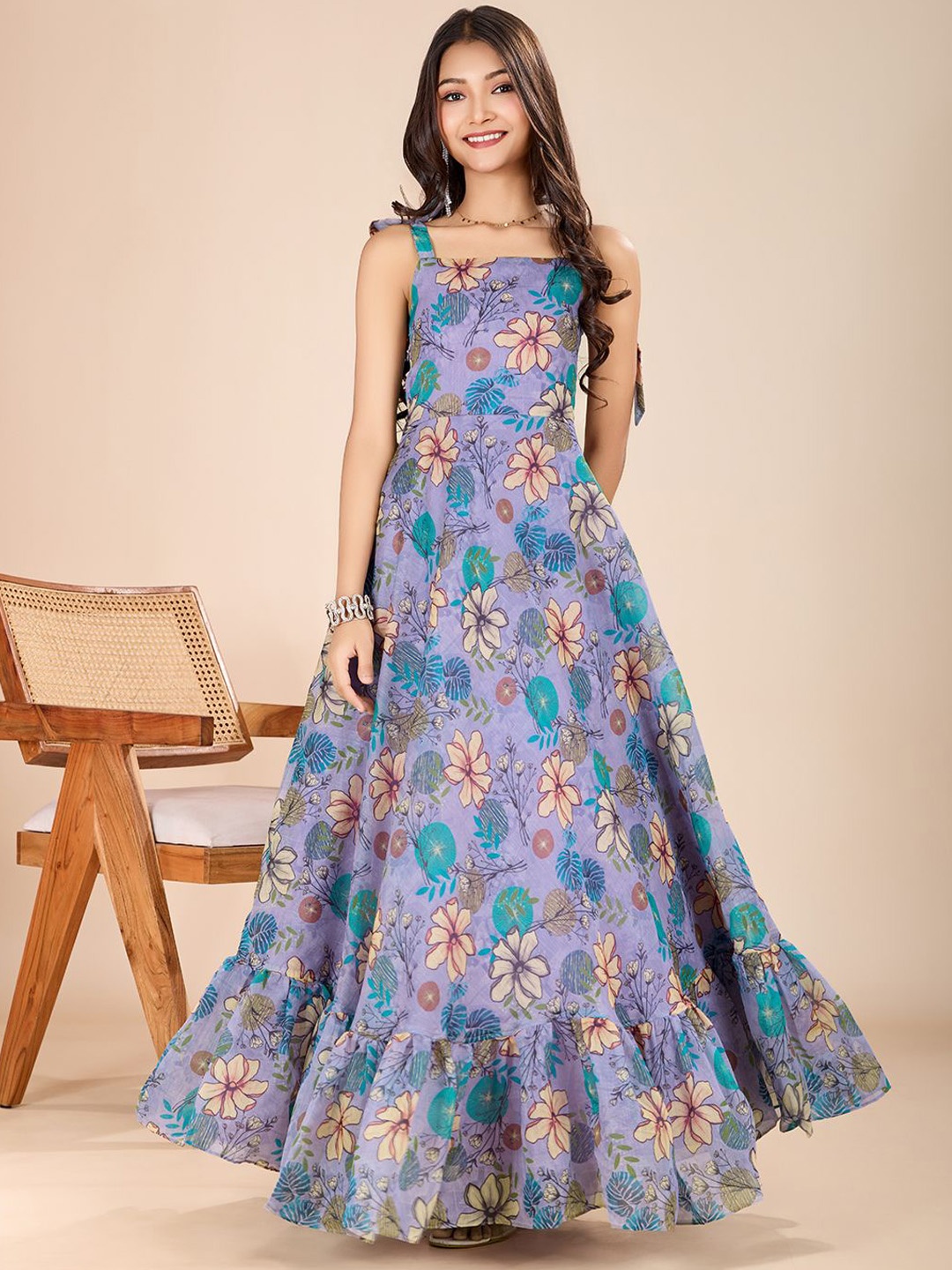 

Tasarika Girls Floral Printed A-Line Maxi Dress, Blue
